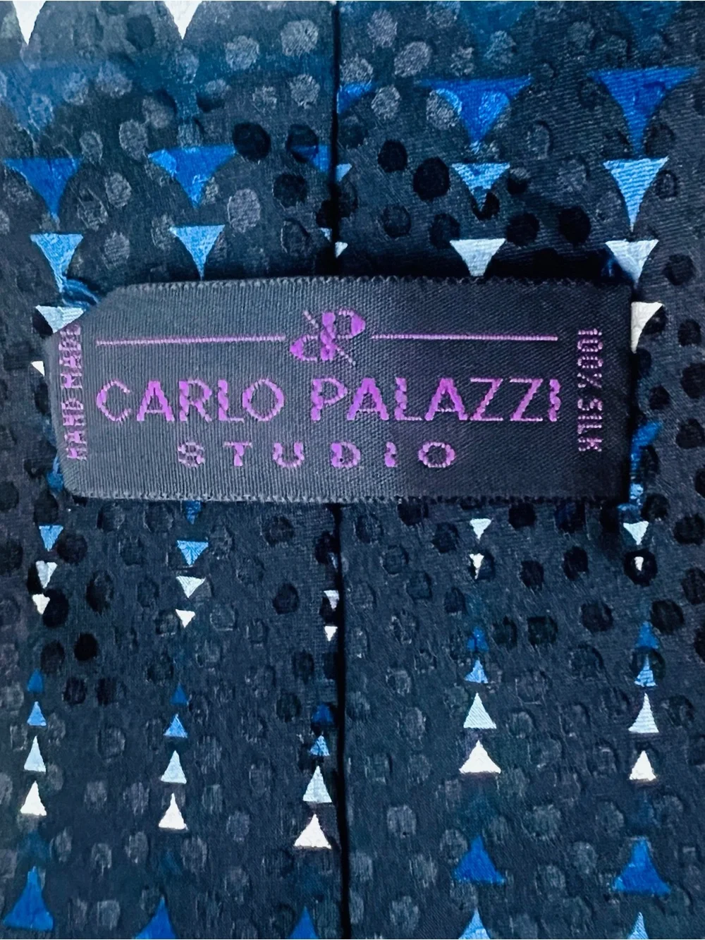 VTG Carlo Palazzi Handmade 100% Silk Tie Blue Geo Pattern Office Intern